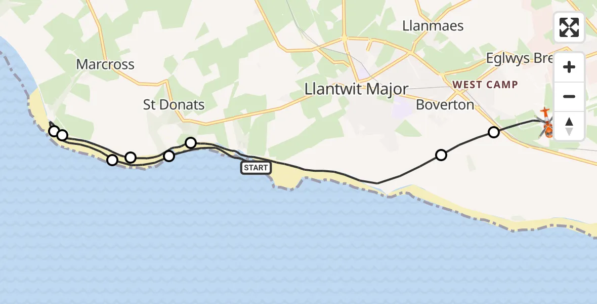Flight path map showing Coastguard Helicopter route from Llantwit Major to MOD St Athan