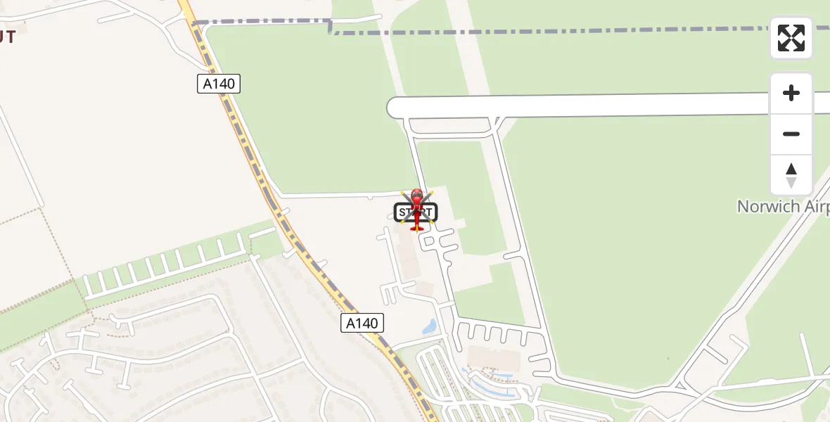Flight path map showing Air Ambulance Helicopter route from Norwich Airport to Norwich Airport