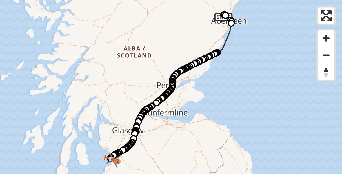 Flight path map showing Coastguard Helicopter route from Aberdeen International Airport to Glasgow Prestwick Airport