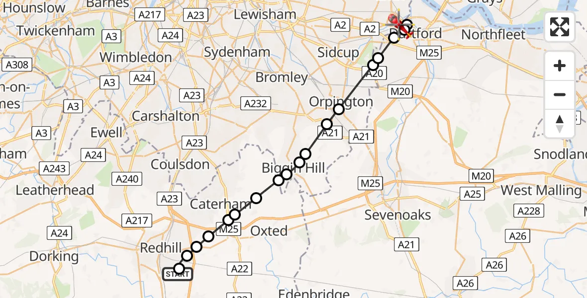 Flight path map showing Air Ambulance Helicopter route from Redhill Aerodrome to Bowmans