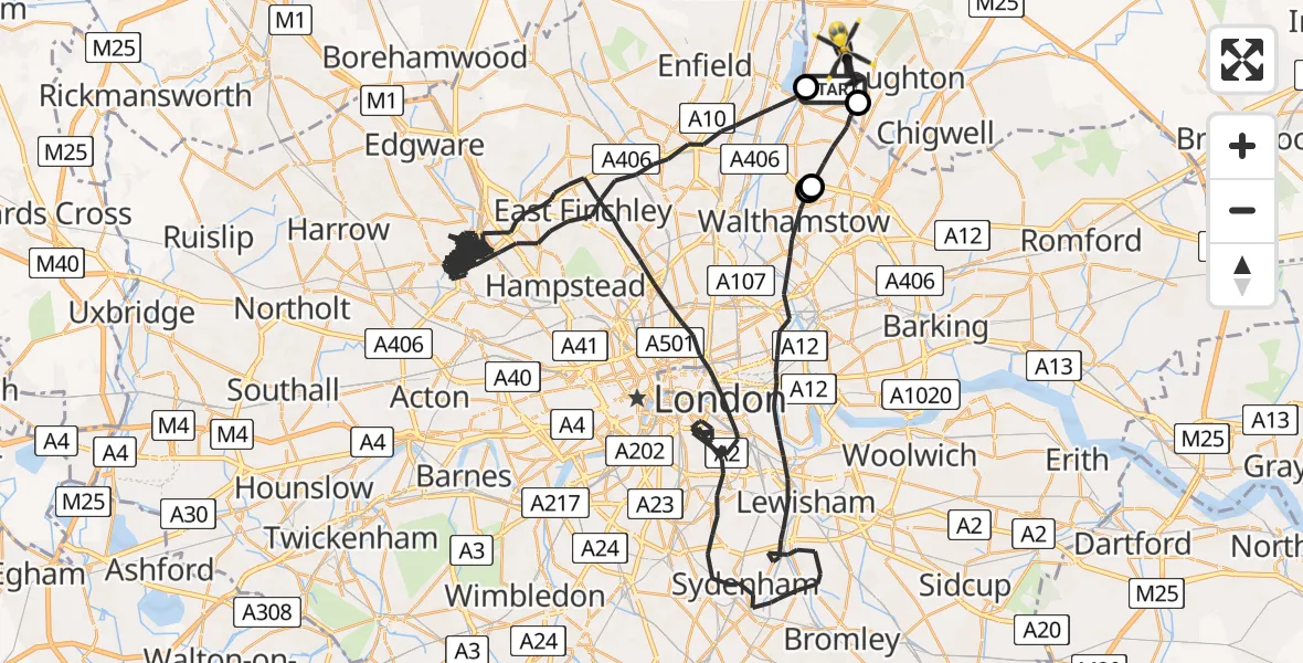 Flight path map showing Police Helicopter route from Sewardstonebury to Sewardstonebury