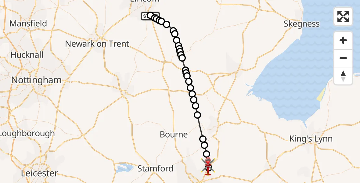 Flight path map showing Air Ambulance Helicopter route from RAF Waddington to Newborough