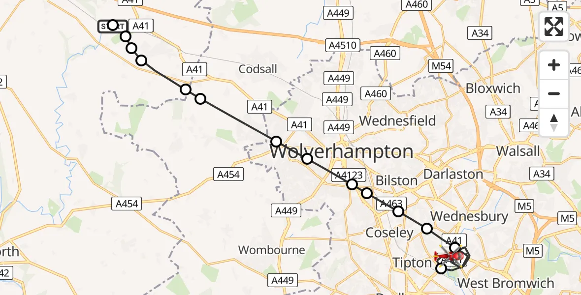 Flight path map showing Air Ambulance Helicopter route from RAF Cosford to Tipton