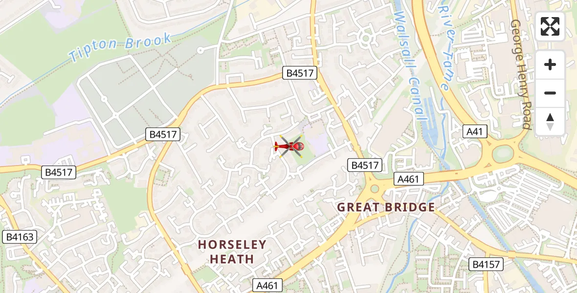 Flight path map showing Air Ambulance Helicopter route from Wednesbury to Wednesbury
