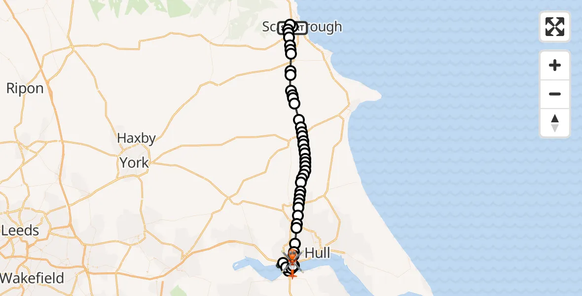 Flight path map showing Coastguard Helicopter route from Newby to Hessle