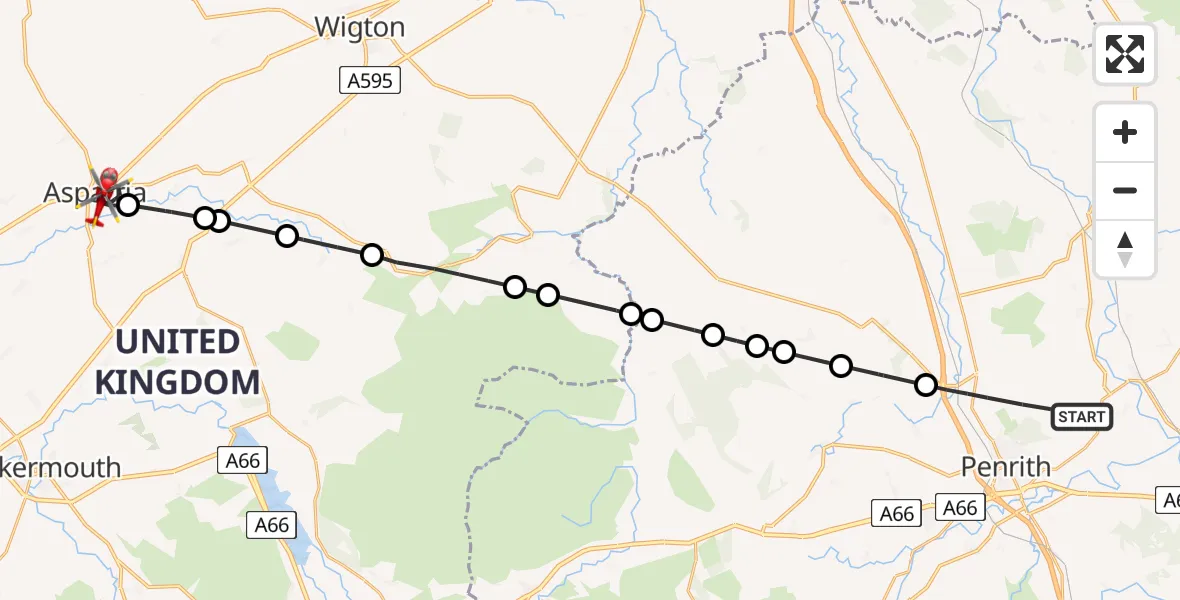 Flight path map showing Air Ambulance Helicopter route from Penrith to Aspatria