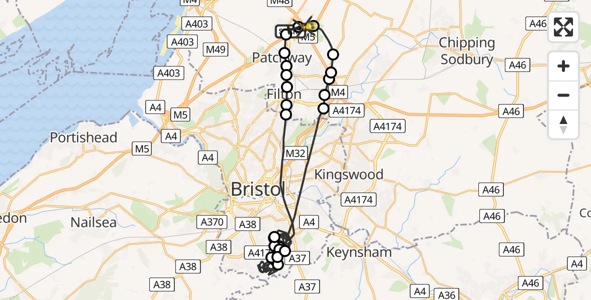 Flight path map showing Police Helicopter route from Almondsbury Helicopter Base to Almondsbury Helicopter Base