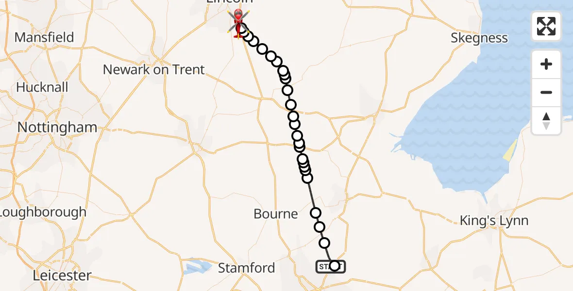 Routekaart van de vlucht: Air Ambulance Helicopter to North Kesteven, Sleaford Road