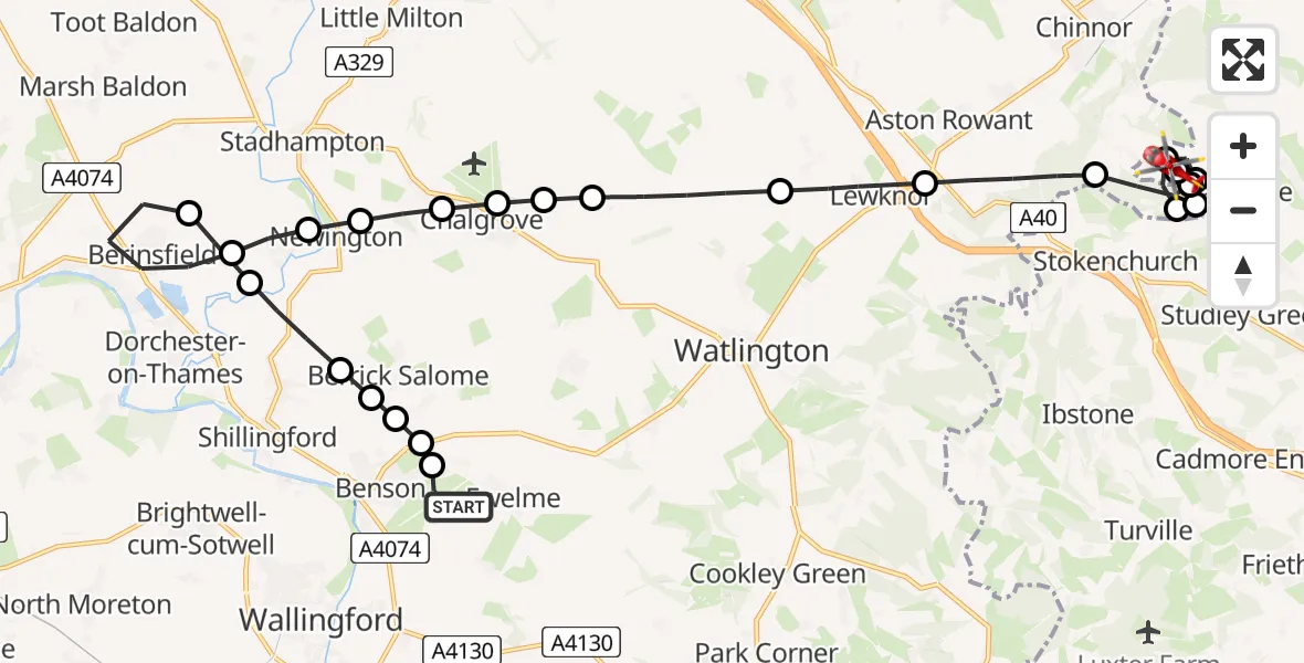 Flight path map showing Air Ambulance Helicopter route from RAF Benson to South Oxfordshire