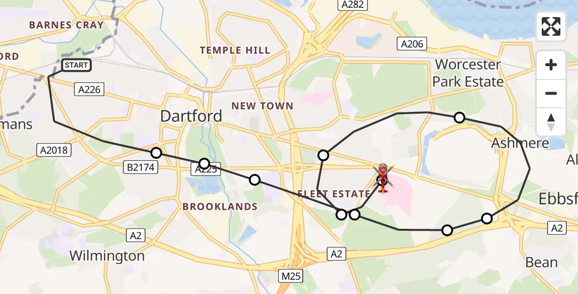 Flight path map showing Air Ambulance Helicopter route from Bowmans to Darent Valley Hospital