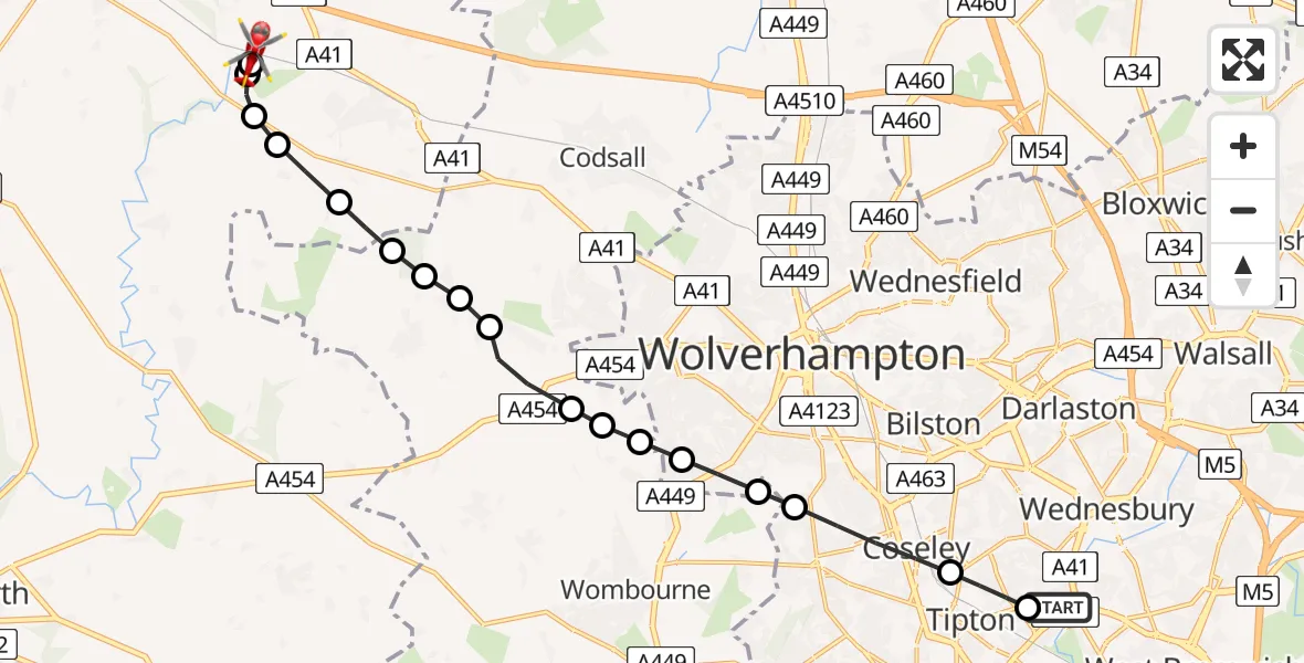 Routekaart van de vlucht: Air Ambulance Helicopter to Cosford, Airbase Avenue