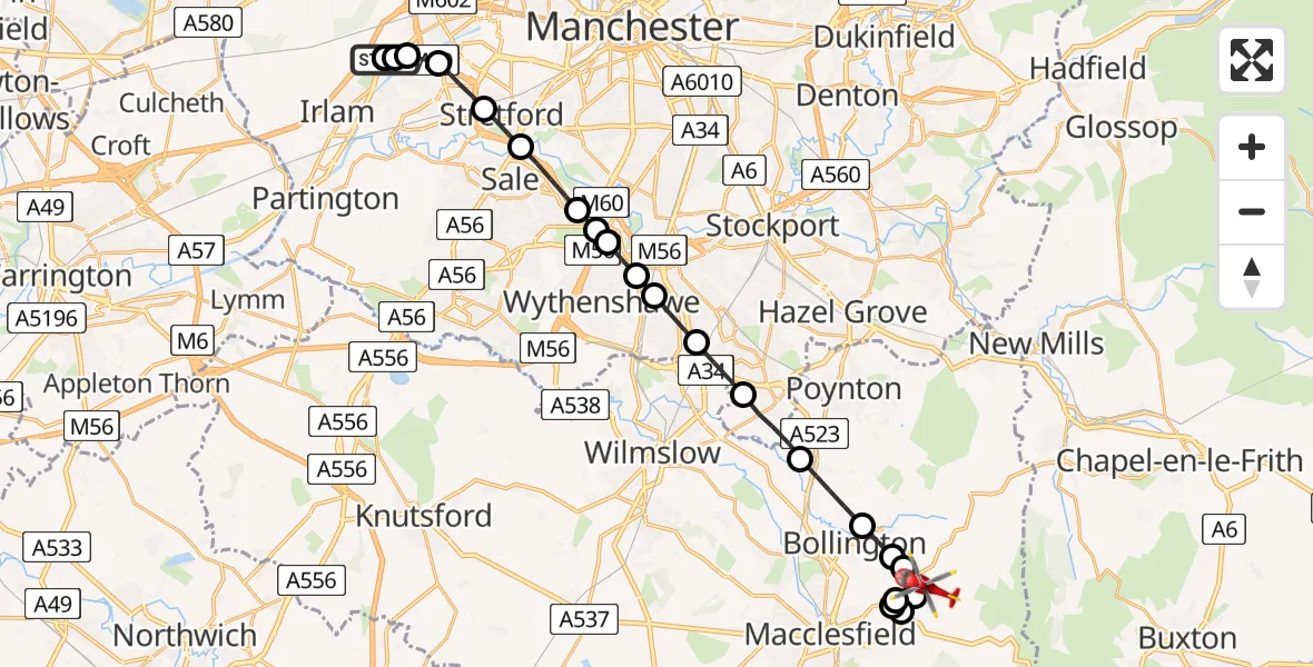 Flight path map showing Air Ambulance Helicopter route from Manchester Barton Aerodrome to Lamaload Road