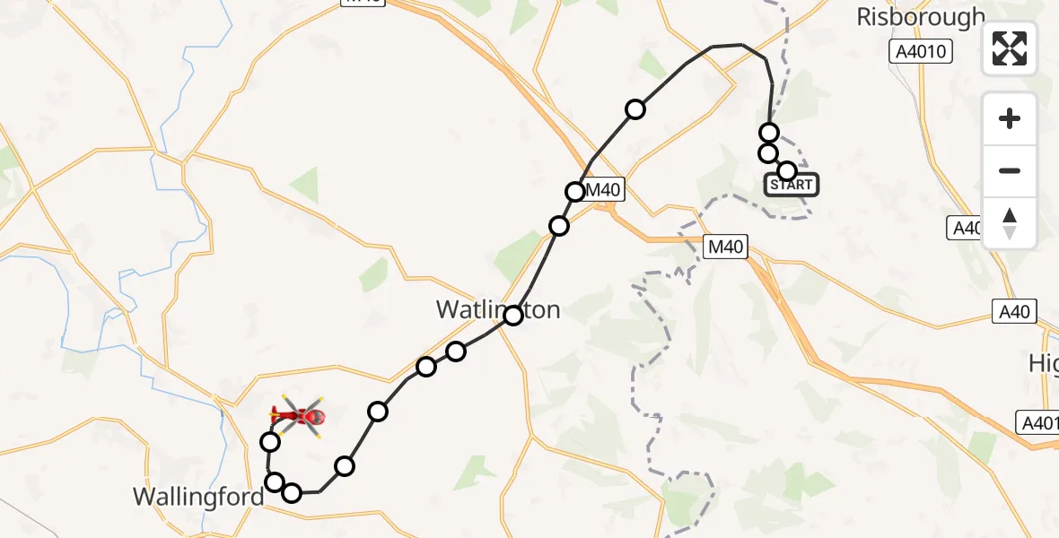 Flight path map showing Air Ambulance Helicopter route from Chinnor to RAF Benson