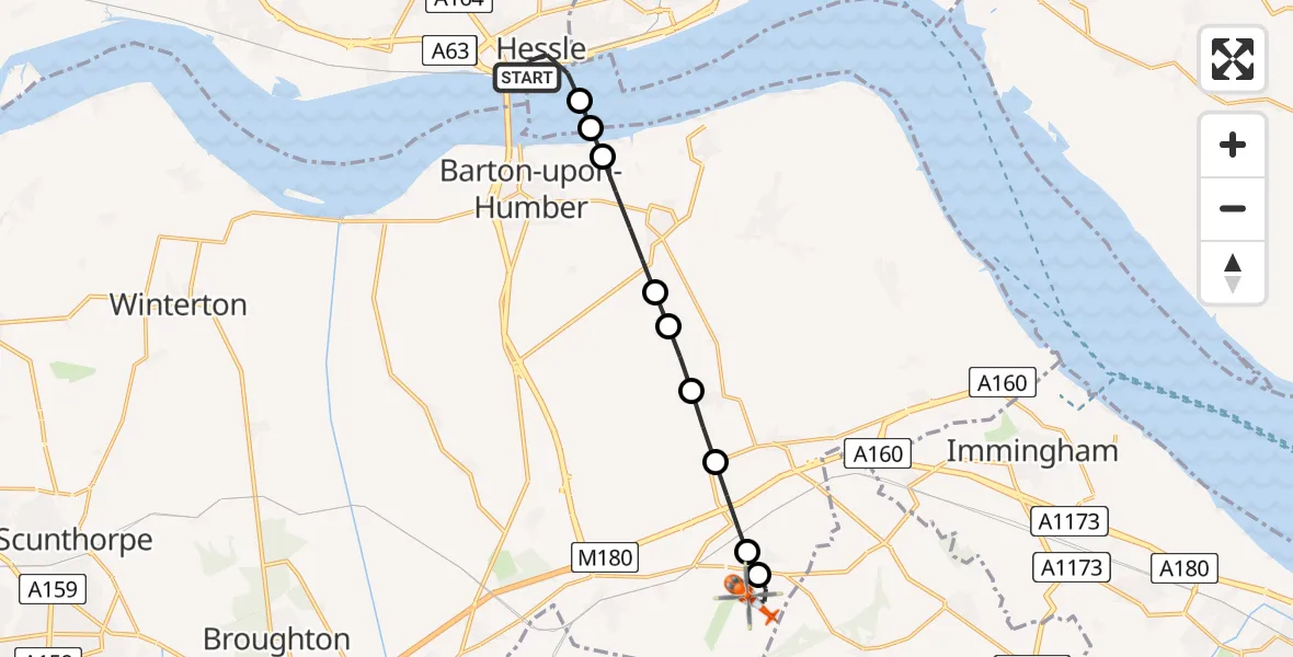 Flight path map showing Coastguard Helicopter route from Hessle to Humberside Airport