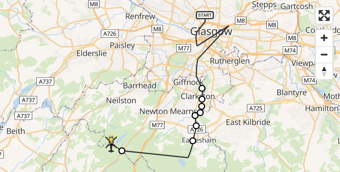 Flight path map showing Police Helicopter route from Glasgow to Neilston