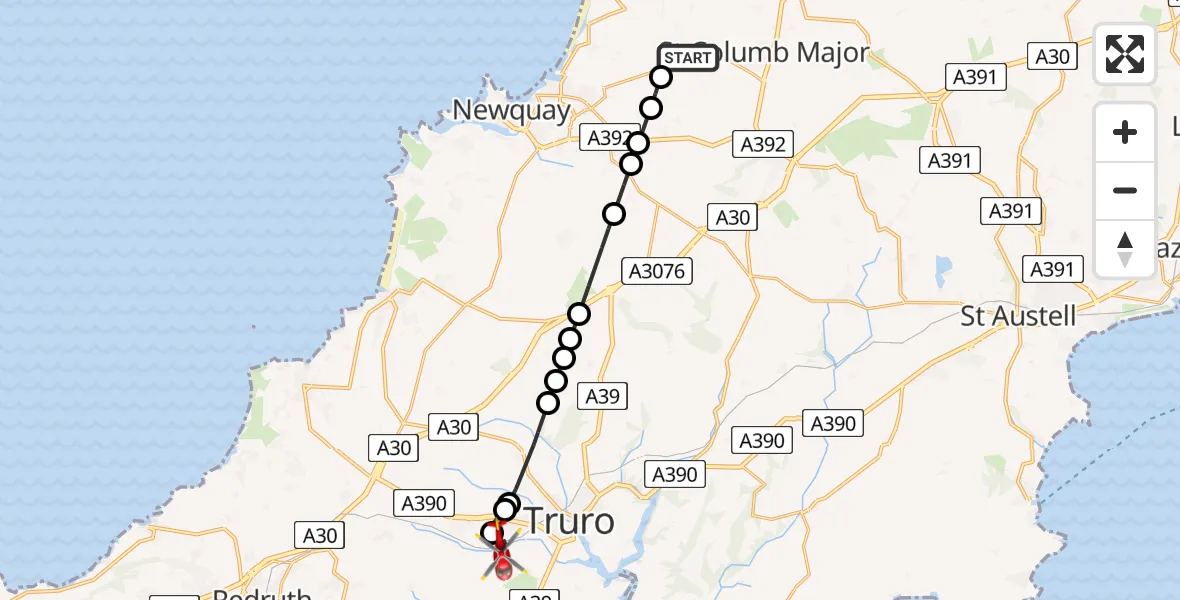 Flight path map showing Air Ambulance Helicopter route from Cornwall Airport Newquay to Threemilestone