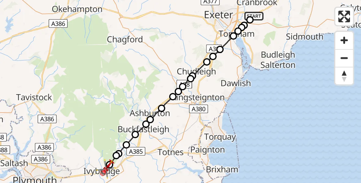 Flight path map showing Air Ambulance Helicopter route from East Devon to Bittaford