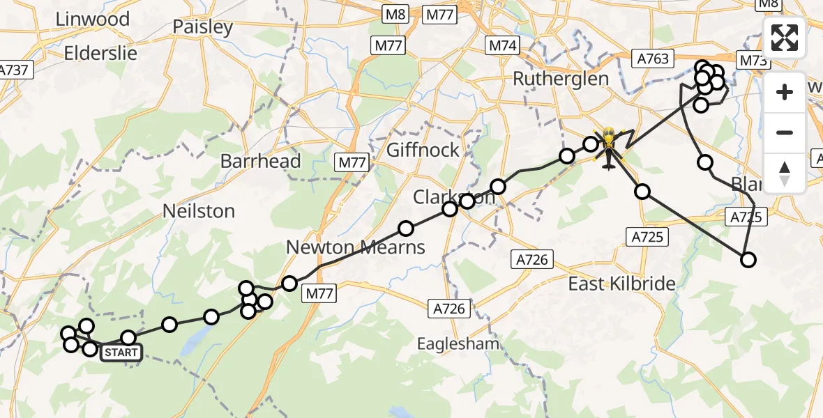 Flight path map showing Police Helicopter route from Kingston Road to Cambuslang