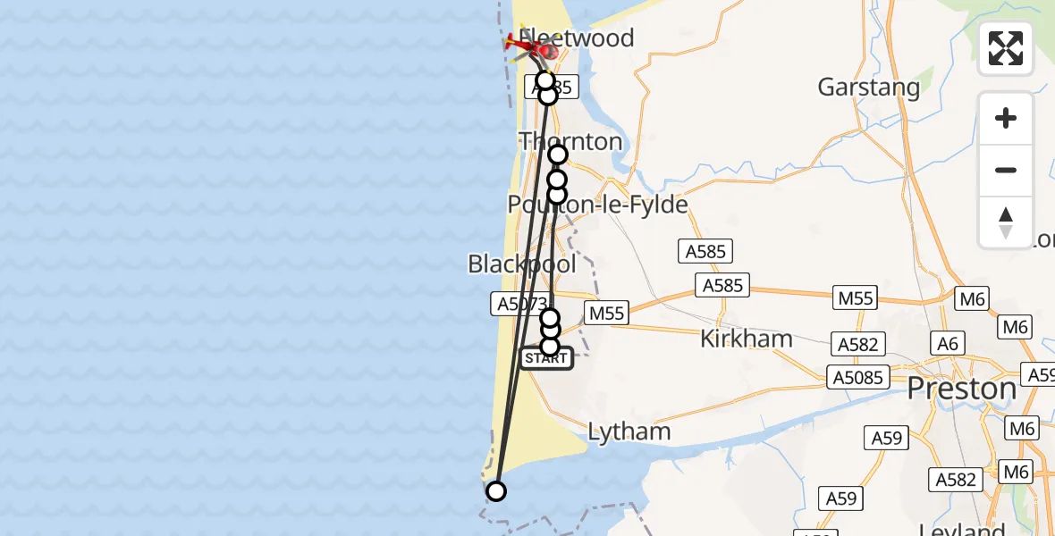 Flight path map showing Air Ambulance Helicopter route from Blackpool Airport to Fleetwood