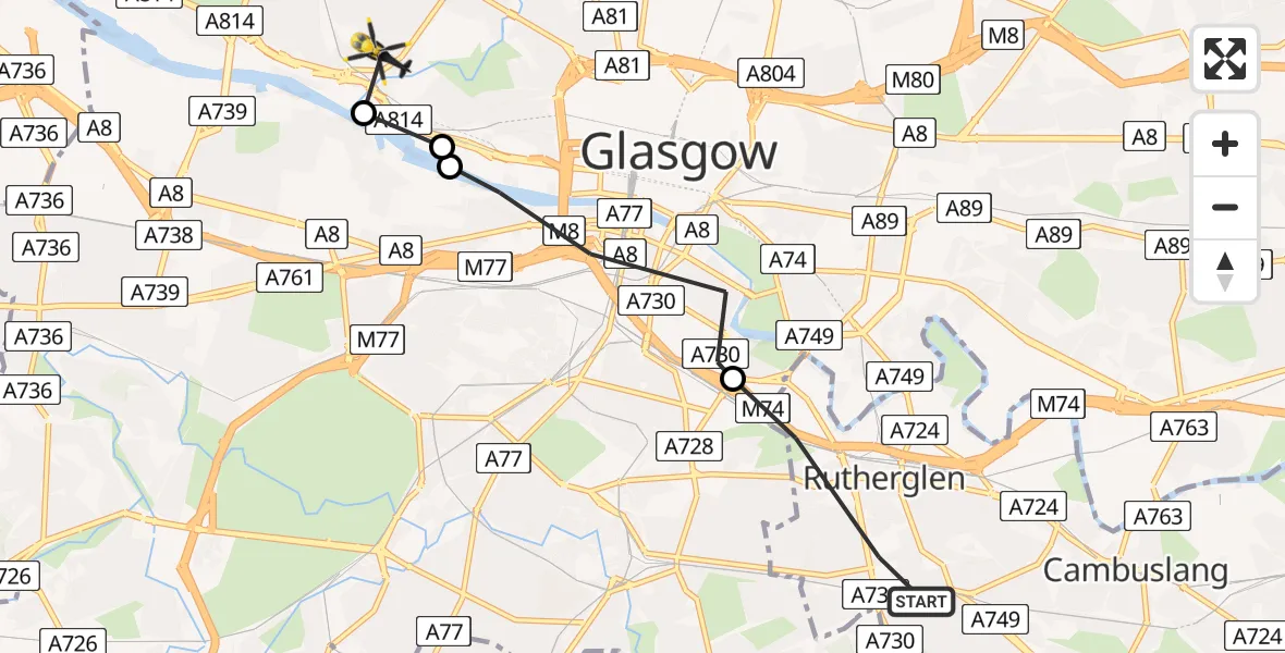 Flight path map showing Police Helicopter route from Rutherglen to Glasgow