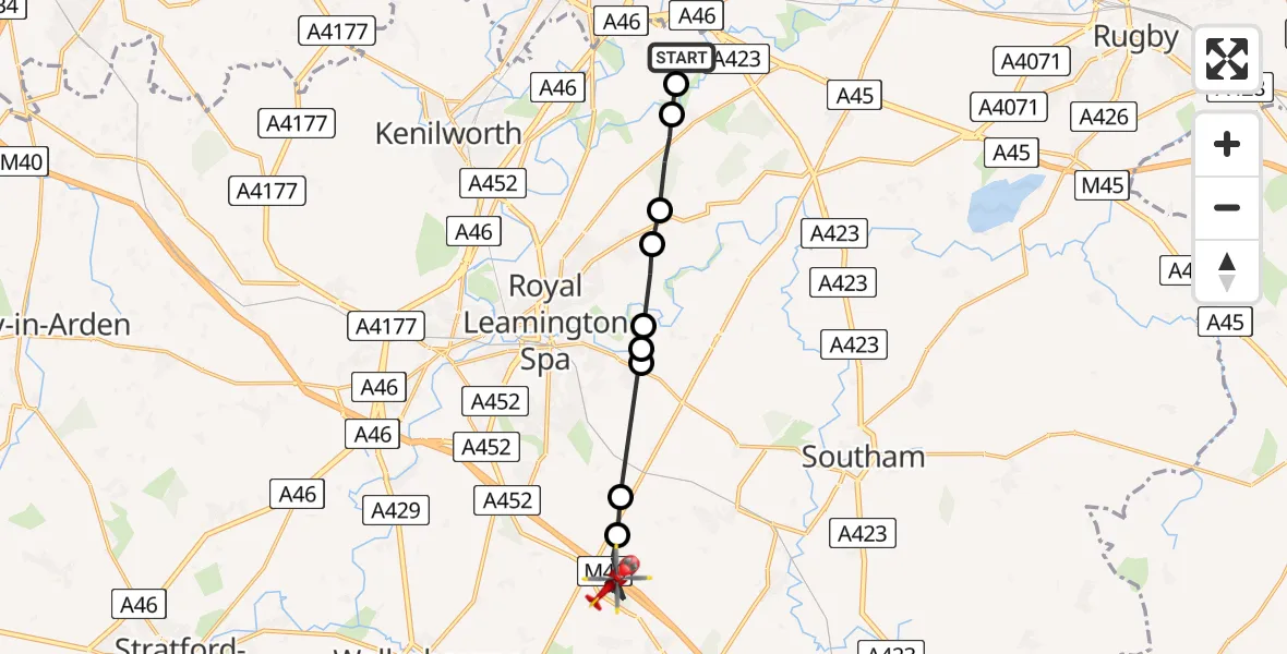 Flight path map showing Air Ambulance Helicopter route from Coventry Airport to Stratford-on-Avon
