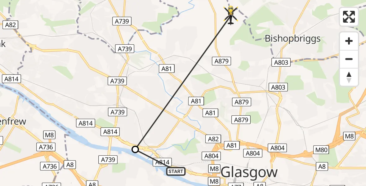 Flight path map showing Police Helicopter route from Glasgow City Heliport to Bishopbriggs