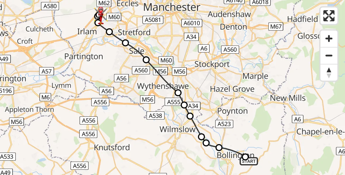 Flight path map showing Air Ambulance Helicopter route from Cheshire East to Manchester Barton Aerodrome