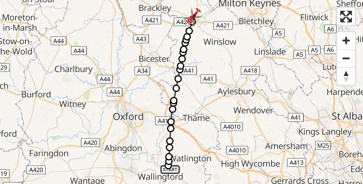 Flight path map showing Air Ambulance Helicopter route from RAF Benson to Buckingham
