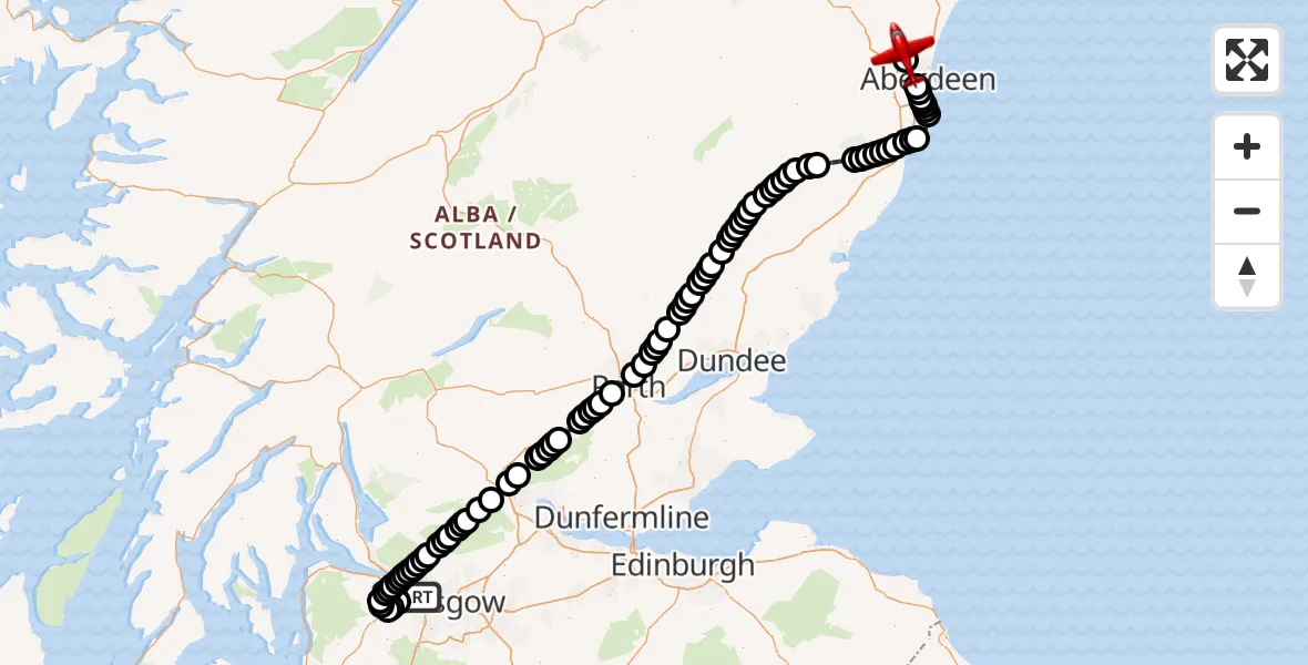 Flight path map showing Air Ambulance Aircraft route from Glasgow Airport to Aberdeen International Airport