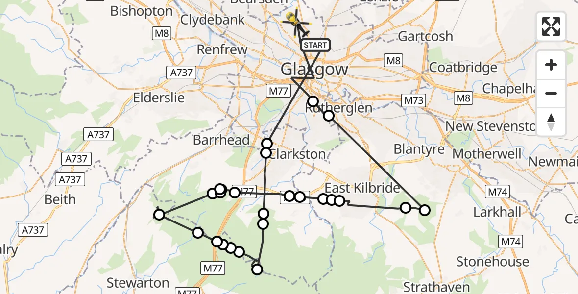 Flight path map showing Police Helicopter route from Glasgow to Glasgow