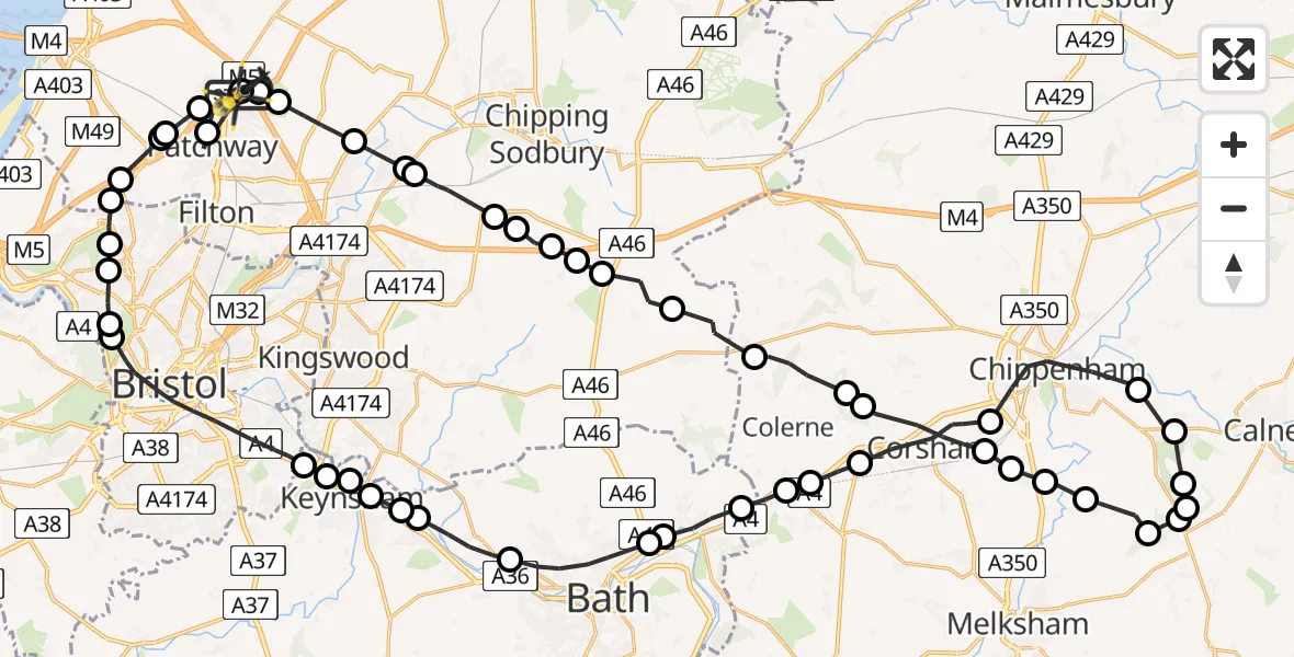 Flight path map showing Police Helicopter route from Almondsbury Helicopter Base to Almondsbury Helicopter Base