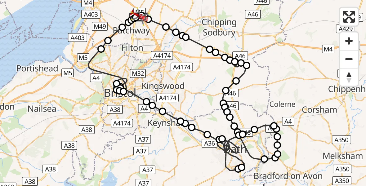 Flight path map showing Air Ambulance Helicopter route from Almondsbury Helicopter Base to Almondsbury Helicopter Base