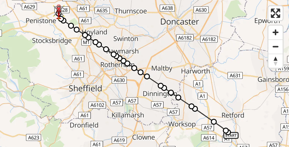 Flight path map showing Air Ambulance Helicopter route from Retford Gamston Airport to Silkstone