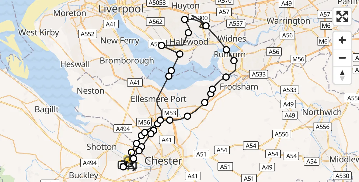 Flight path map showing Police Helicopter route from Hawarden Airport to B5129