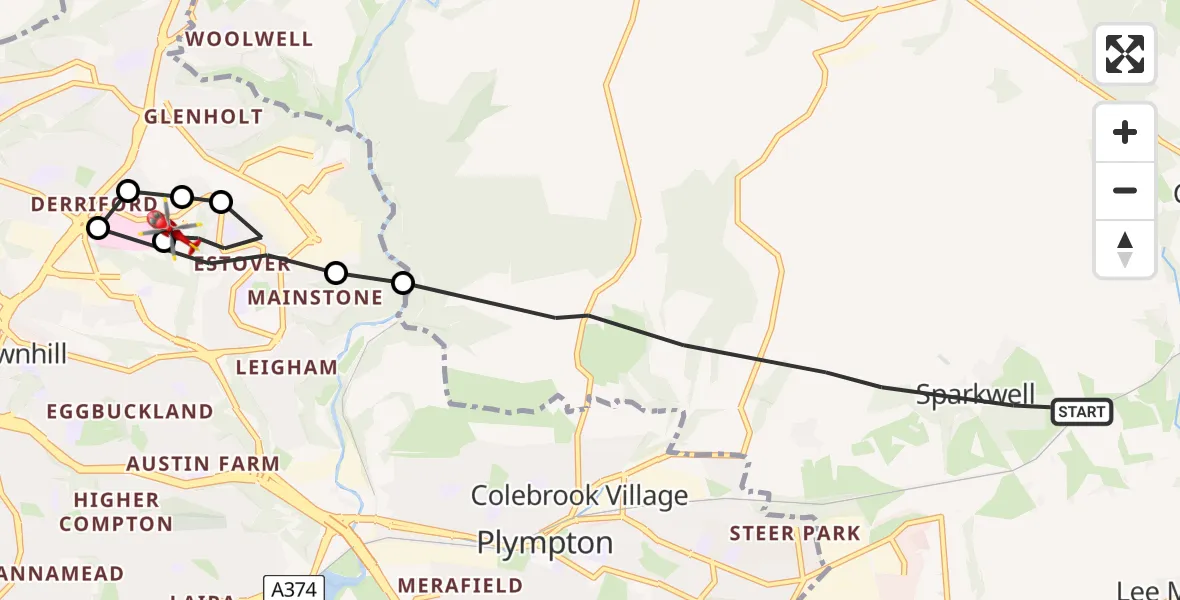 Flight path map showing Air Ambulance Helicopter route from Sparkwell to Plymouth