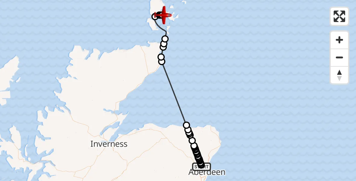 Flight path map showing Air Ambulance Aircraft route from Aberdeen International Airport to Searchlight Emplacement (Second World War) - Twartquoy