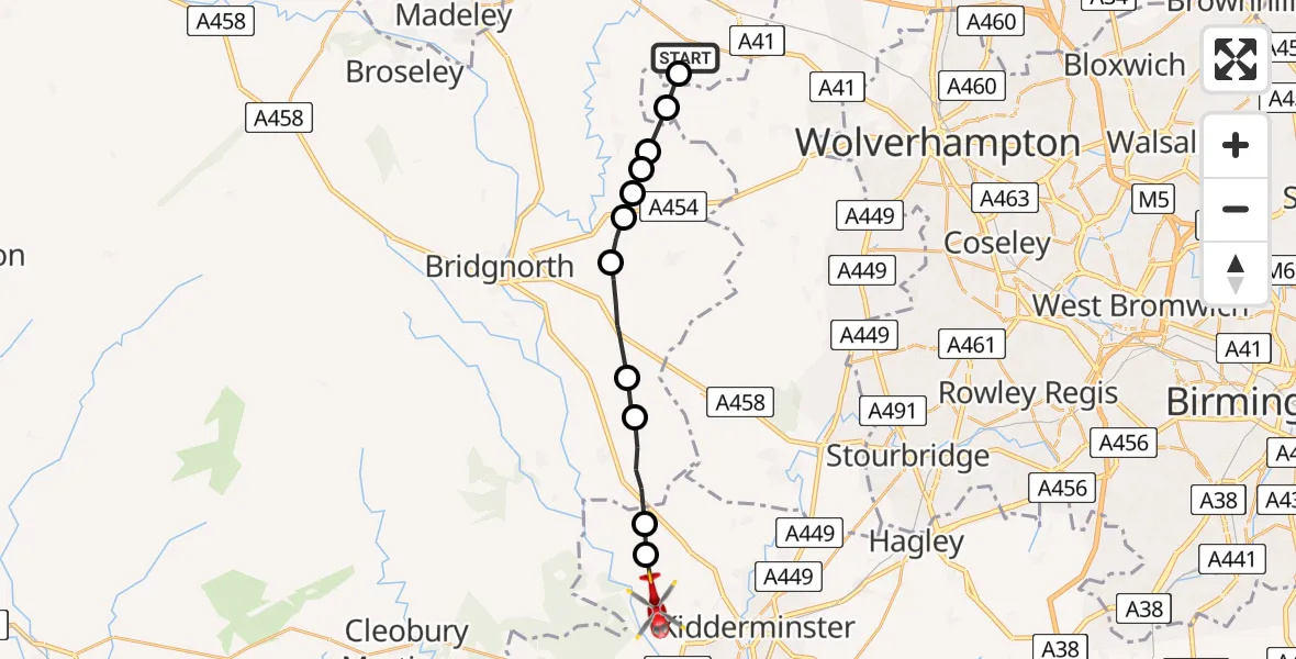 Routekaart van de vlucht: Air Ambulance Helicopter to Wyre Forest, Halls Farm Lane