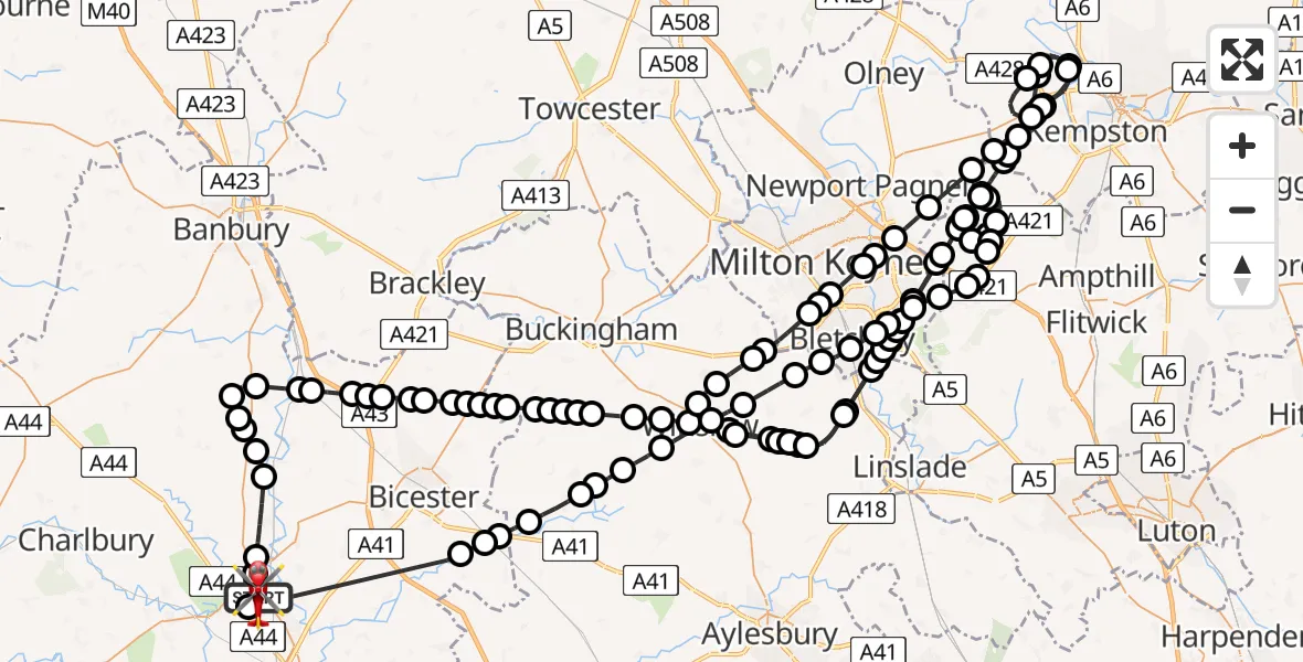 Flight path map showing Air Ambulance Helicopter route from London Oxford Airport to London Oxford Airport