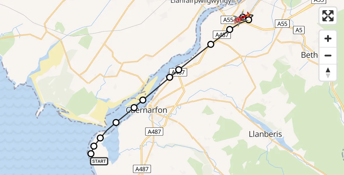 Flight path map showing Air Ambulance Helicopter route from Caernarfon Airport to Ysbyty Gwynedd Hospital Heliport