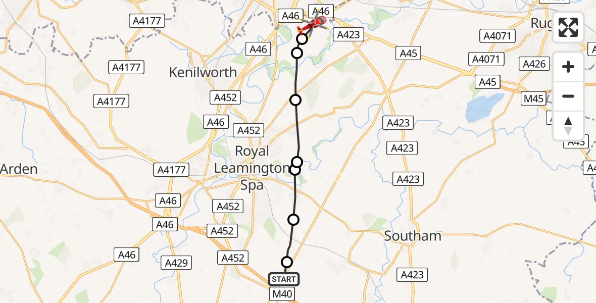 Flight path map showing Air Ambulance Helicopter route from Stratford-on-Avon to Coventry Airport
