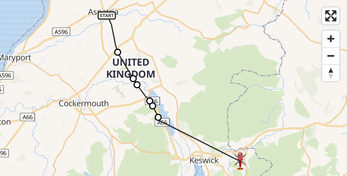 Flight path map showing Air Ambulance Helicopter route from Aspatria to Cumberland