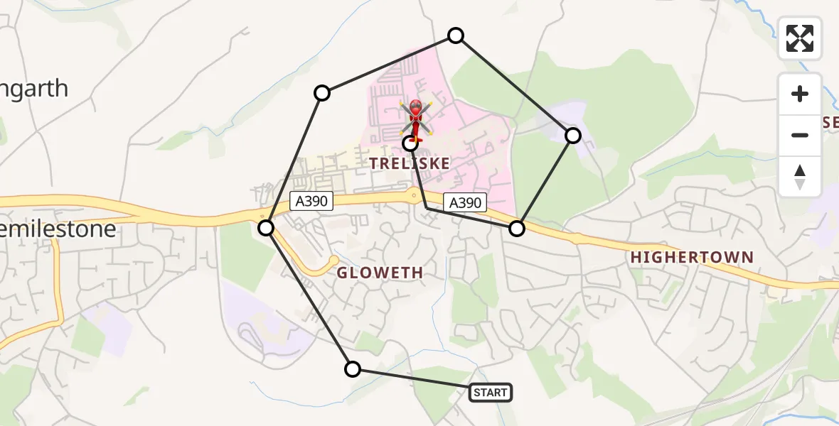 Flight path map showing Air Ambulance Helicopter route from Kea to Treliske Hospital