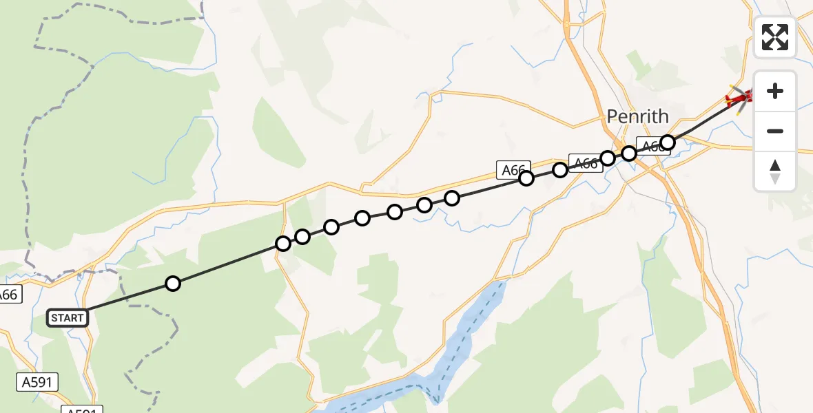 Flight path map showing Air Ambulance Helicopter route from Cumberland to Penrith