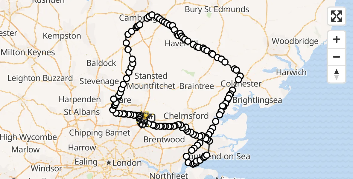 Flight path map showing Police Helicopter route from North Weald Airfield to North Weald Airfield