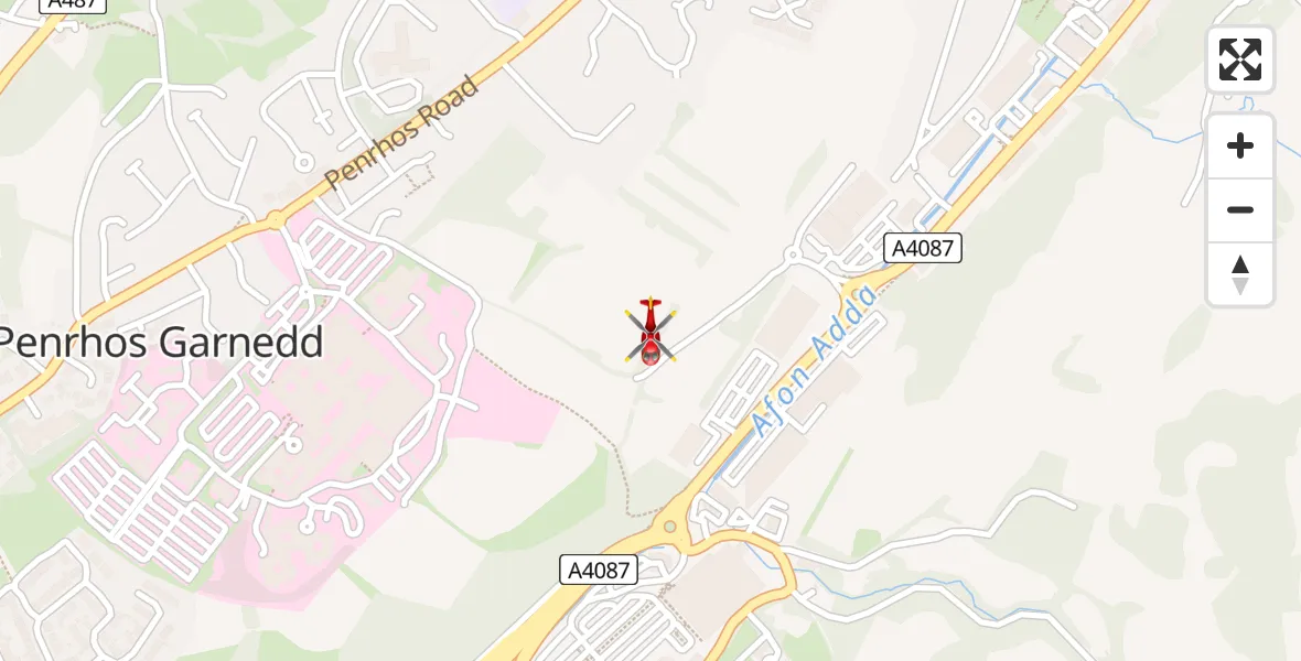 Flight path map showing Air Ambulance Helicopter route from Ysbyty Gwynedd Hospital Heliport to Ysbyty Gwynedd Hospital Heliport