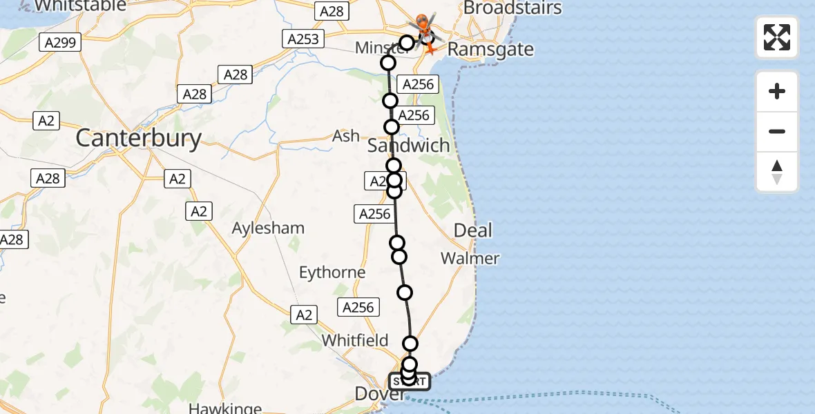 Flight path map showing Coastguard Helicopter route from Langdon Battery Heliport to Manston Airport