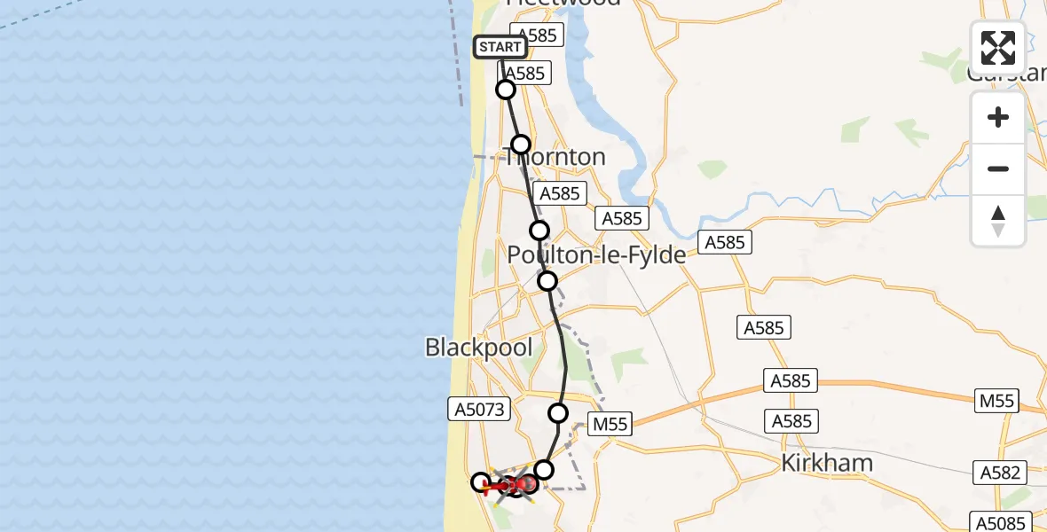Flight path map showing Air Ambulance Helicopter route from Fleetwood to Blackpool Airport