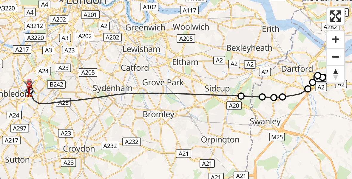 Flight path map showing Air Ambulance Helicopter route from Darent Valley Hospital to St Georges Hospital