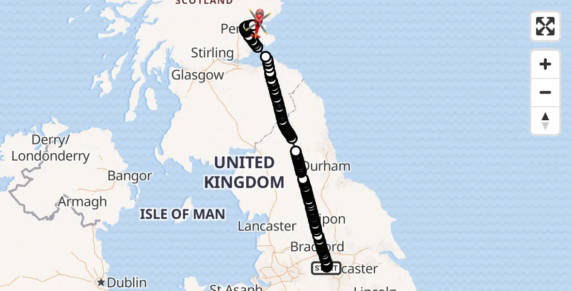 Flight path map showing Air Ambulance Helicopter route from Silkstone to North Sea