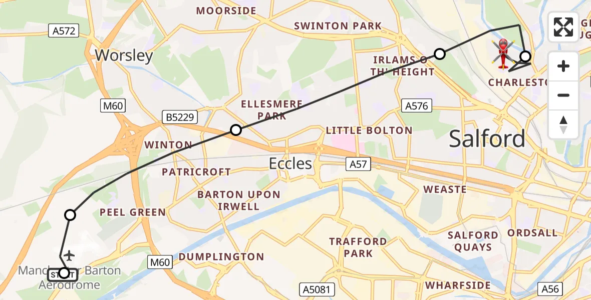 Flight path map showing Air Ambulance Helicopter route from Manchester Barton Aerodrome to Charlestown